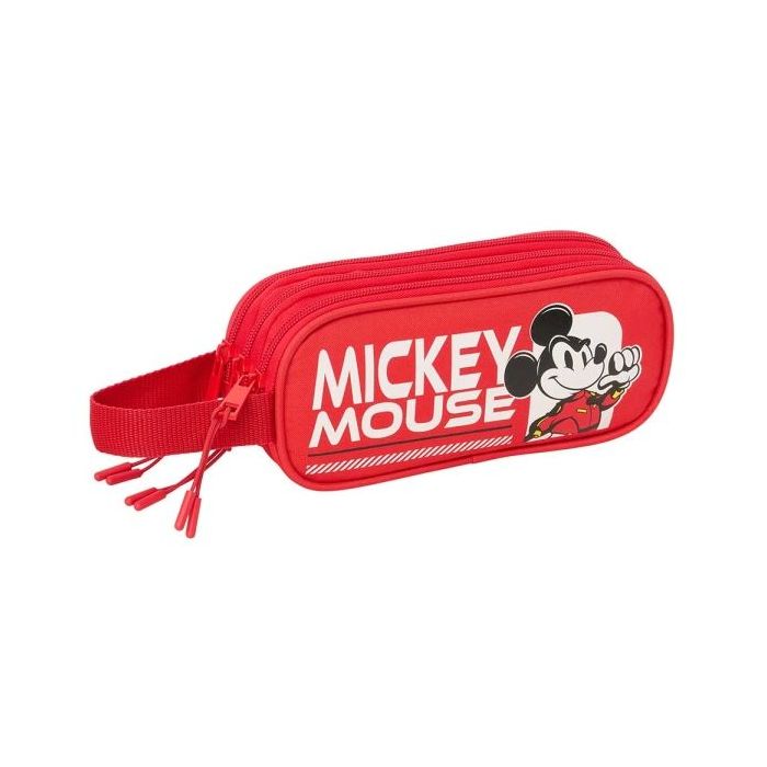Safta Mickey and Friends Racing Portatodo - 3 Compartimentos con Cremallera - Asa Lateral - 21x8.5x7cm - Color Rojo