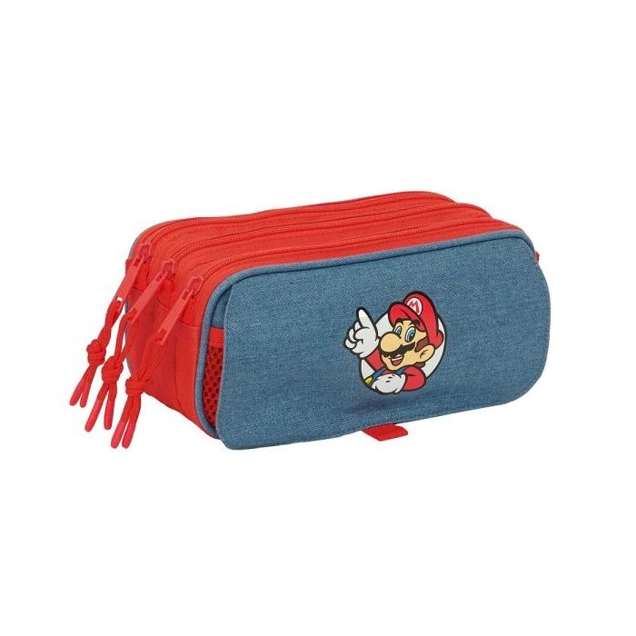 Safta Super Mario Portatodo - 3 Compartimentos con Cremallera - Cinta Trasera Adaptable - Bolsillo Frontal de Rejilla con Velcro