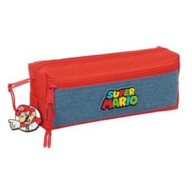 Safta Super Mario Portatodo - 3 Compartimentos con Cremallera - Goma Elastica - Compacto - 22x8.5x6cm - Color Rojo y Azul