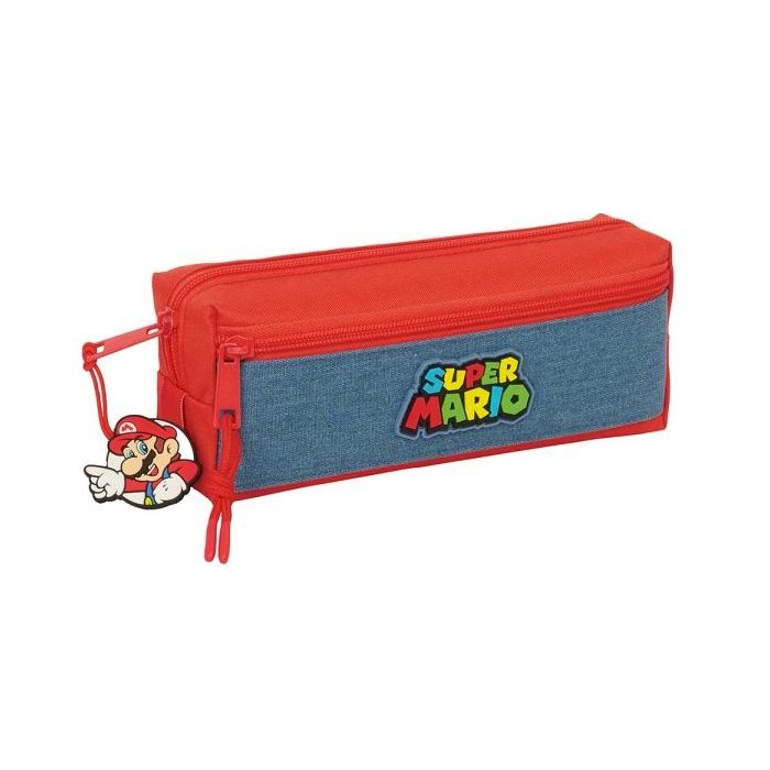 Safta Super Mario Portatodo - 3 Compartimentos con Cremallera - Goma Elastica - Compacto - 22x8.5x6cm - Color Rojo y Azul