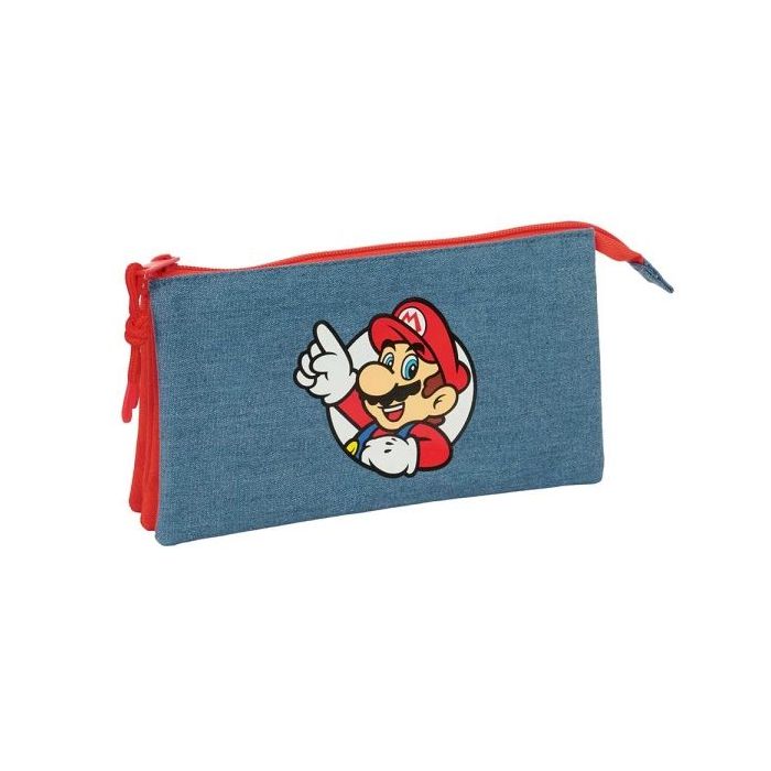 Safta Super Mario Portatodo - 3 Compartimentos con Cremallera - Bolsillo Interior Central - 22x12x3cm - Color Rojo y Azul