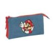 Safta Super Mario Portatodo - 3 Compartimentos con Cremallera - Bolsillo Interior Central - 22x12x3cm - Color Rojo y Azul