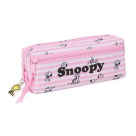 Safta Snoopy Portatodo - 3 Compartimentos con Cremallera - Goma Elastica - Compacto - 22x8.5x6cm - Color Rosa