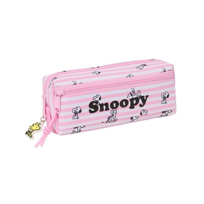 Safta Snoopy Portatodo - 3 Compartimentos con Cremallera - Goma Elastica - Compacto - 22x8.5x6cm - Color Rosa