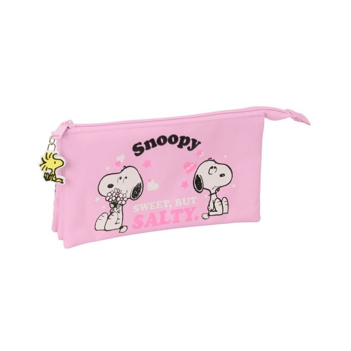 Safta Snoopy Portatodo - 3 Compartimentos con Cremallera - Bolsillo Interior Central - 22x12x3cm - Color Rosa