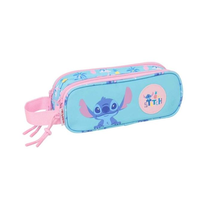 Safta Stitch Waves Portatodo - 2 Compartimentos con Cremallera - Asa Lateral - Capacidad 1L - 21x8x6cm - Color Azul Claro