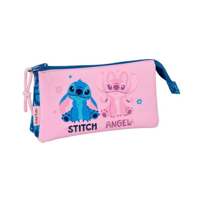 Safta Stitch Lio Portatodo - 3 Compartimentos con Cremallera - Bolsillo Interior Central - 22x12x3cm - Color Rosa