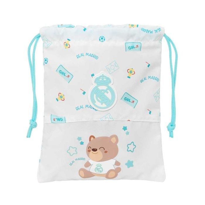 Safta Real Madrid Preescolar Saquito para Merienda - Cierre con Cordon - Compacto - 20x25cm - Color Blanco