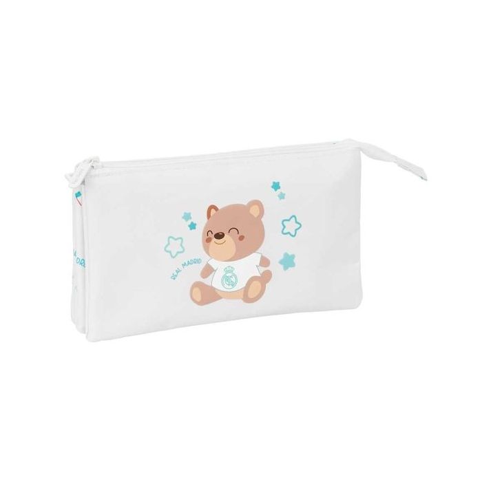 Safta Real Madrid Preescolar Portatodo - 3 Compartimentos con Cremallera - Bolsillo Interior Central - 22x12x3cm - Color Blanco
