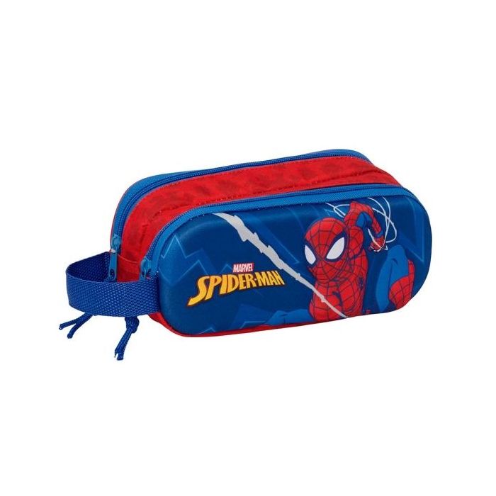 Safta Spider-Man Portatodo 3D - 2 Compartimentos con Cremallera - Asa Lateral - Capacidad 1L - 21x8x6cm - Color Rojo y Azul