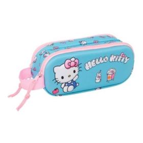 Safta Hello Kitty Portatodo 3D - 2 Compartimentos con Cremallera - Asa Lateral - Capacidad 1L - 21x8x6cm - Color Azul Claro