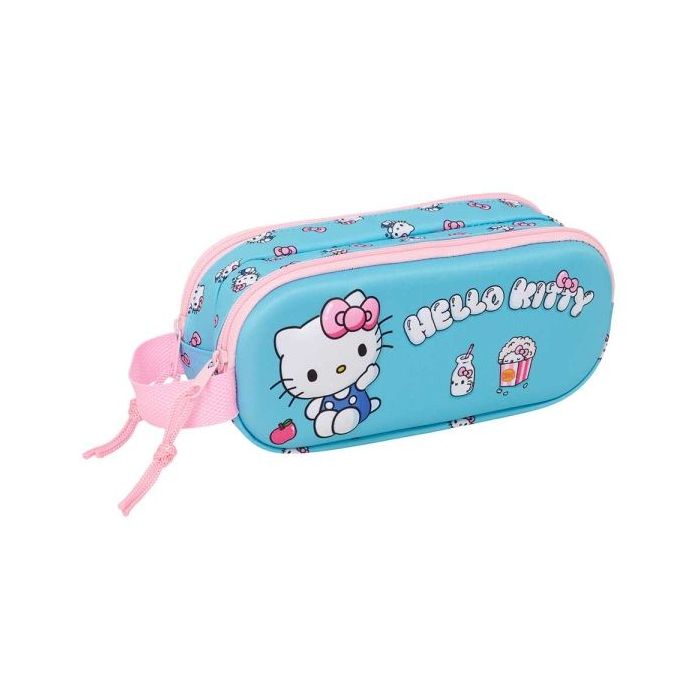 Safta Hello Kitty Portatodo 3D - 2 Compartimentos con Cremallera - Asa Lateral - Capacidad 1L - 21x8x6cm - Color Azul Claro