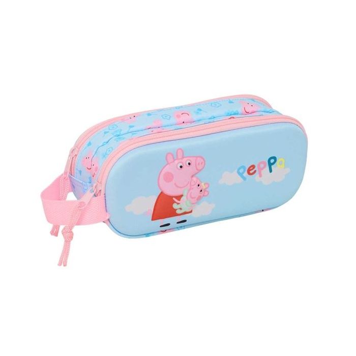 Safta Peppa Pig Portatodo 3D - 2 Compartimentos con Cremallera - Asa Lateral - Capacidad 1L - 21x8x6cm - Color Azul Pastel