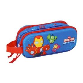 Safta Iron Man Portatodo 3D - 2 Compartimentos con Cremallera - Asa Lateral - Capacidad 1L - 21x8x6cm - Color Azul Oscuro