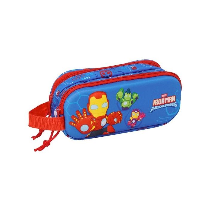 Safta Iron Man Portatodo 3D - 2 Compartimentos con Cremallera - Asa Lateral - Capacidad 1L - 21x8x6cm - Color Azul Oscuro
