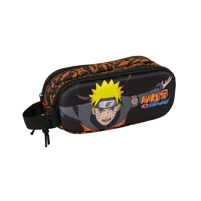 Safta Naruto Portatodo 3D - 2 Compartimentos con Cremallera - Asa Lateral - Capacidad 1L - 21x8x6cm - Color Negro y Naranja