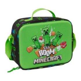 Safta Minecraft Boom Bolsa Isotermica Porta Alimentos - Frontal 3D - Cremallera - Bandolera Ajustable - Asa de Mano - 25x19.5x9c
