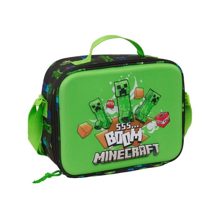 Safta Minecraft Boom Bolsa Isotermica Porta Alimentos - Frontal 3D - Cremallera - Bandolera Ajustable - Asa de Mano - 25x19.5x9c