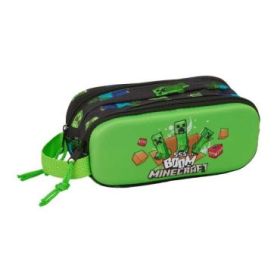 Safta Minecraft Boom Portatodo 3D - 2 Compartimentos con Cremallera - Asa Lateral - Capacidad 1L - 21x8x6cm - Color Verde y Negr