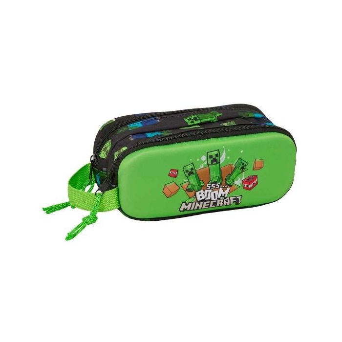 Safta Minecraft Boom Portatodo 3D - 2 Compartimentos con Cremallera - Asa Lateral - Capacidad 1L - 21x8x6cm - Color Verde y Negr