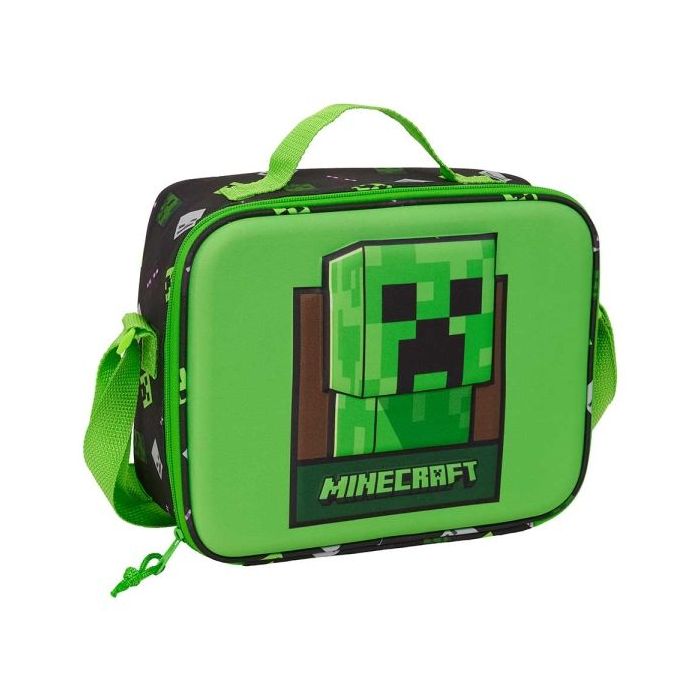 Safta Minecraft Bolsa Isotermica Porta Alimentos - Frontal 3D - Cremallera - Bandolera Ajustable - Asa de Mano - 25x19.5x9cm - C