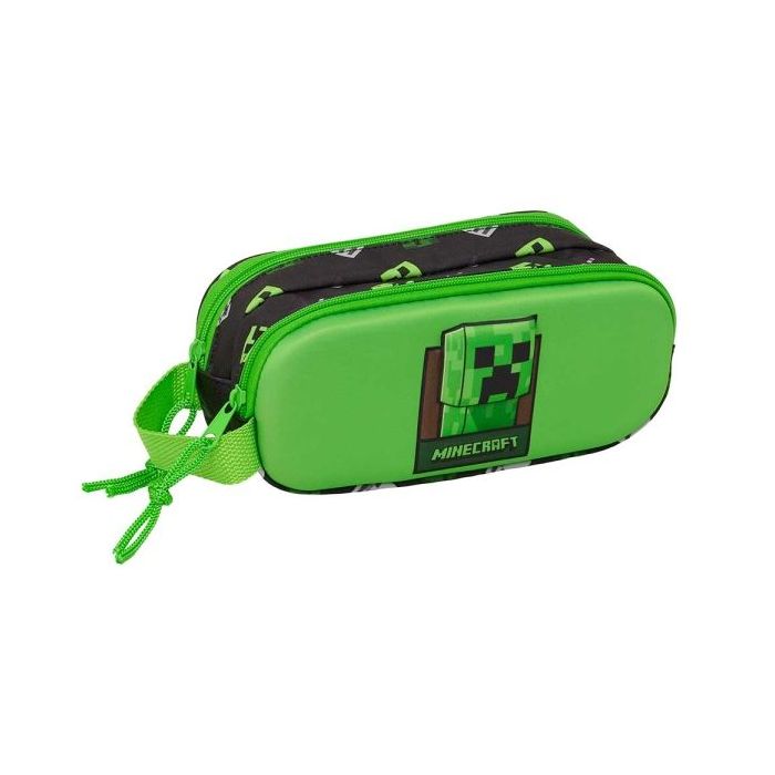 Safta Minecraft Portatodo 3D - 2 Compartimentos con Cremallera - Asa Lateral - Capacidad 1L - 21x8x6cm - Color Verde y Negro