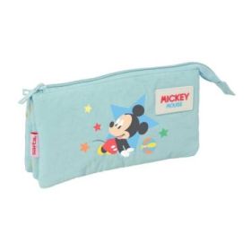 Safta Mickey Mouse Baby Portatodo - 3 Compartimentos con Cremallera - Bolsillo Interior Central - 22x12x3cm - Color Azul Pastel