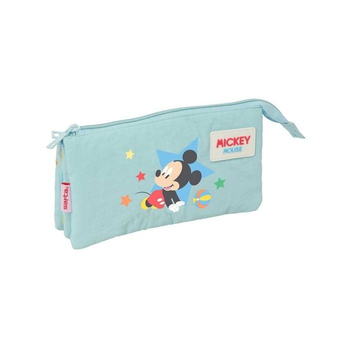 Safta Mickey Mouse Baby Portatodo - 3 Compartimentos con Cremallera - Bolsillo Interior Central - 22x12x3cm - Color Azul Pastel