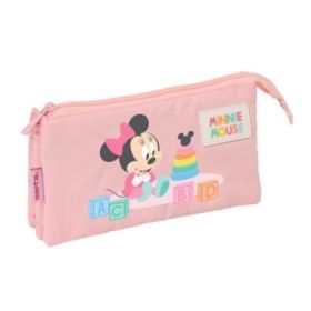 Safta Minnie Mouse Baby Portatodo - 3 Compartimentos con Cremallera - Bolsillo Interior Central - 22x12x3cm - Color Rosa Pastel