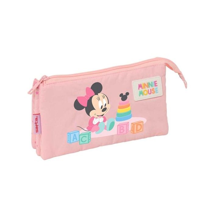 Safta Minnie Mouse Baby Portatodo - 3 Compartimentos con Cremallera - Bolsillo Interior Central - 22x12x3cm - Color Rosa Pastel