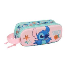 Safta Stitch Portatodo 3D - 2 Compartimentos con Cremallera - Asa Lateral - Capacidad 1L - 21x8x6cm - Color Rosa