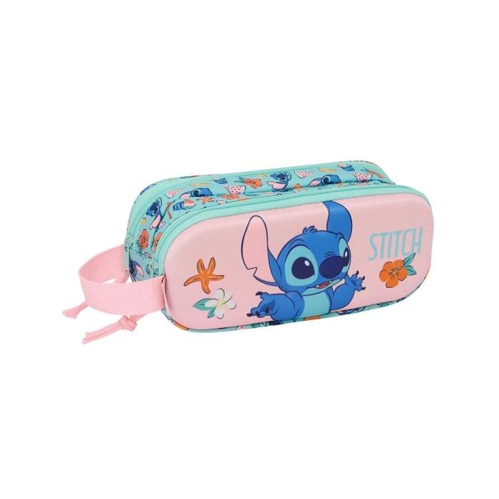 Safta Stitch Portatodo 3D - 2 Compartimentos con Cremallera - Asa Lateral - Capacidad 1L - 21x8x6cm - Color Rosa