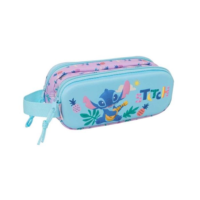 Safta Stitch Portatodo 3D - 2 Compartimentos con Cremallera - Asa Lateral - Capacidad 1L - 21x8x6cm - Color Azul Pastel