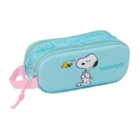 Safta Snoopy Portatodo 3D - 2 Compartimentos con Cremallera - Asa Lateral - Capacidad 1L - 21x8x6cm - Color Azul Pastel