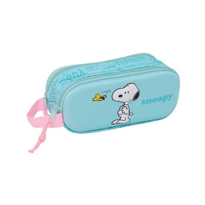 Safta Snoopy Portatodo 3D - 2 Compartimentos con Cremallera - Asa Lateral - Capacidad 1L - 21x8x6cm - Color Azul Pastel