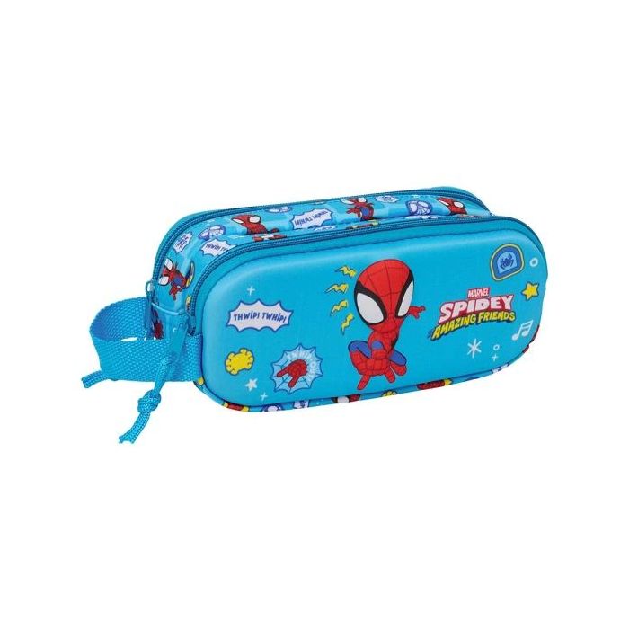 Safta Spidey Portatodo 3D - 2 Compartimentos con Cremallera - Asa Lateral - Capacidad 1L - 21x8x6cm - Color Azul