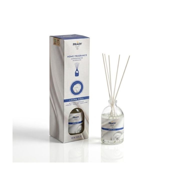 Prady Ambientador Mikado Crema Azul - Frasco de Cristal 100ml y Varitas Difusoras
