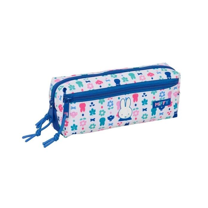 Safta Miffy Bunny Portatodo - 3 Compartimentos con Cremallera - Goma Elastica - Compacto - 22x8.5x6cm - Color Blanco y Azul