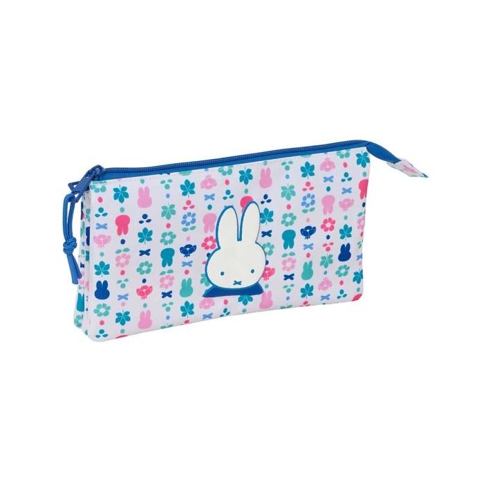Safta Miffy Bunny Portatodo - 3 Compartimentos con Cremallera - Bolsillo Interior Central - 22x12x3cm - Color Blanco y Azul