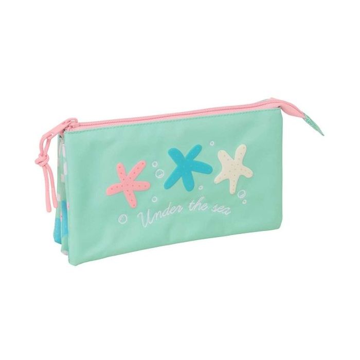 Safta Estrellas Portatodo - 3 Compartimentos con Cremallera - Bolsillo Interior Central - 22x12x3cm - Color Verde