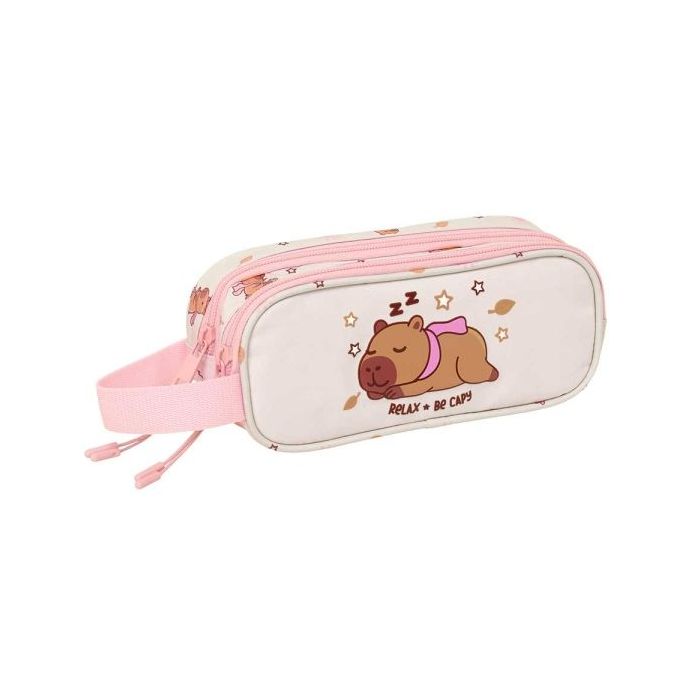 Safta Capibara Portatodo - 2 Compartimentos con Cremallera - Asa Lateral - Capacidad 1L - 21x8x6cm - Color Rosa Pastel
