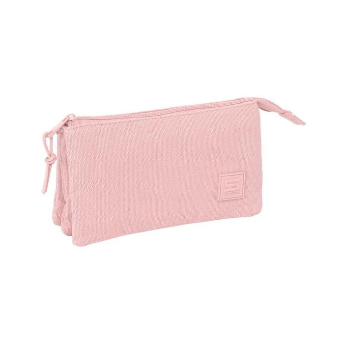 Safta Basic Portatodo - 3 Compartimentos con Cremallera - Bolsillo Interior Central - 22x12x3cm - Color Rosa