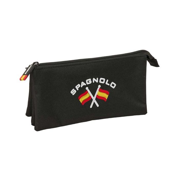 Safta Spagnolo Portatodo - 3 Compartimentos con Cremallera - Bolsillo Interior Central - 22x12x3cm - Color Negro
