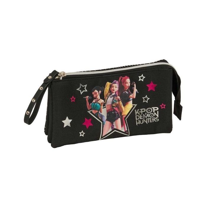 Safta K-Pop Demon Hunters Energy Portatodo - 3 Compartimentos con Cremallera - Bolsillo Interior Central - 22x12x3cm - Color Neg