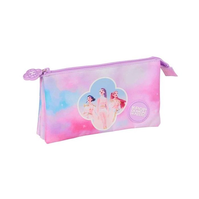 Safta K-Pop Demon Hunters Artist Portatodo - 3 Compartimentos con Cremallera - Bolsillo Interior Central - 22x12x3cm - Multicolo
