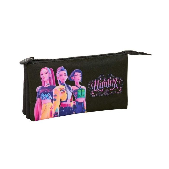 Safta K-Pop Demon Hunters Portatodo - 3 Compartimentos con Cremallera - Bolsillo Interior Central - 22x12x3cm - Color Negro