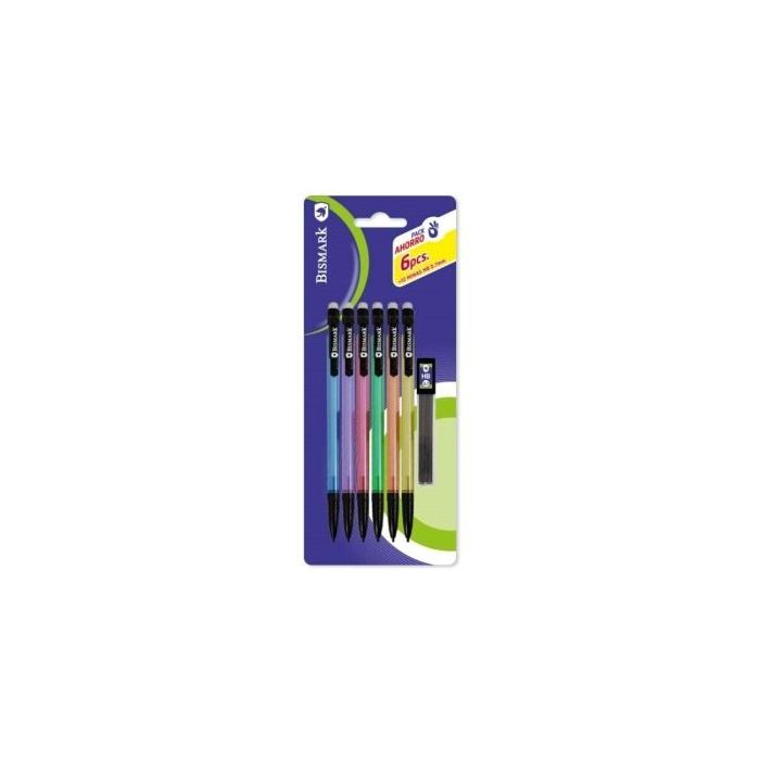 Bismark Pack con 6 Portaminas 0.7mm HB con Goma + 1 Cajita de Minas - Punta Retractil - Cuerpos de Colores Surtidos