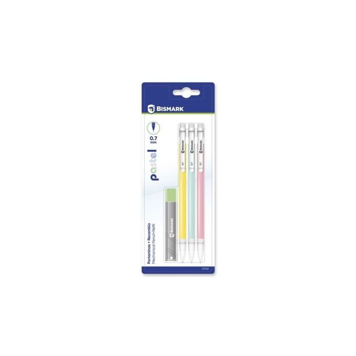 Bismark Pack con 3 Portaminas 0.7mm HB + 1 Cajita de Minas - Punta Retractil - Cuerpos de Colores Pastel Surtidos