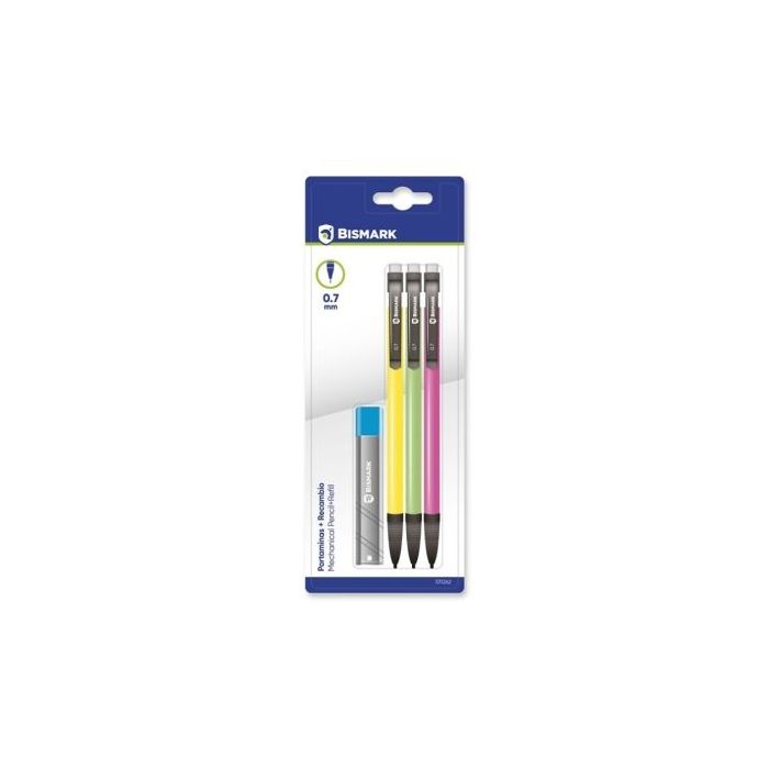 Bismark Pack con 3 Portaminas 0.7mm HB + 1 Cajita de Minas - Punta Retractil - Cuerpos de Colores Neon Surtidos