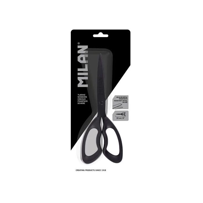 Milan Shadow Tijeras de Oficina de 20cm - Mango Ergonomico - Hoja de Acero Inoxidable - Color Negro